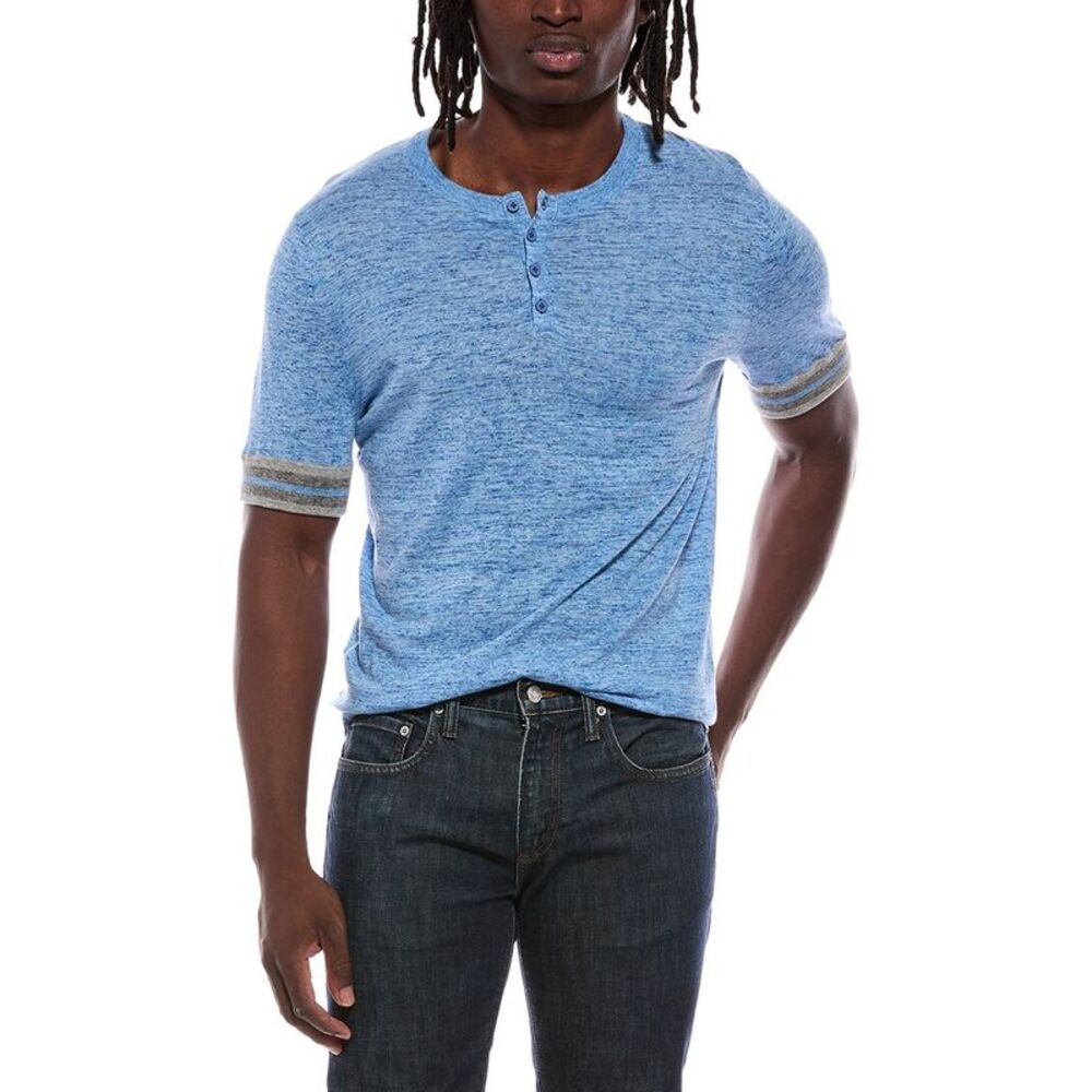 Autumn Cashmere Mens Striped Trim Henley Shirt, Blue
